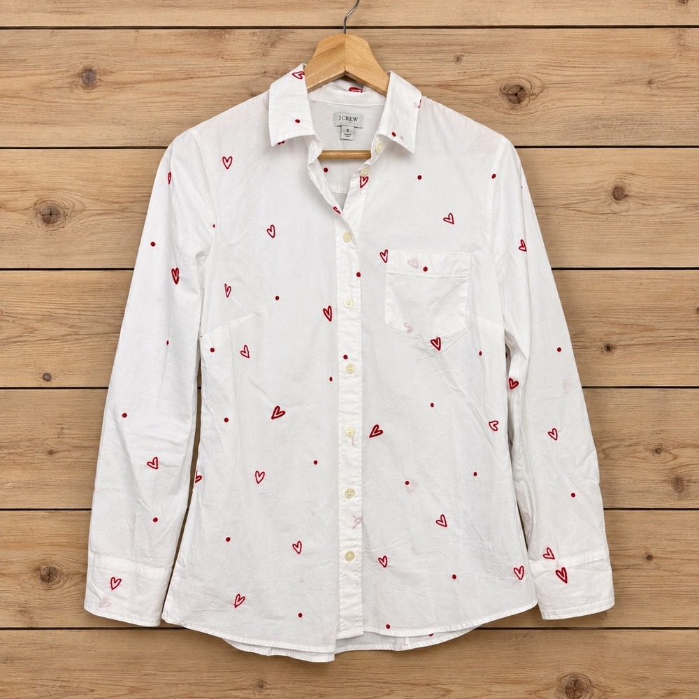 J.Crew Womens Small White Red Heart Polka Dot Embroidered Button Down Shirt